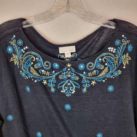 J. Jill Womens Embroidered Linen Floral Tunic Top Size Large Blue Lightweight - Picture 5 of 8
